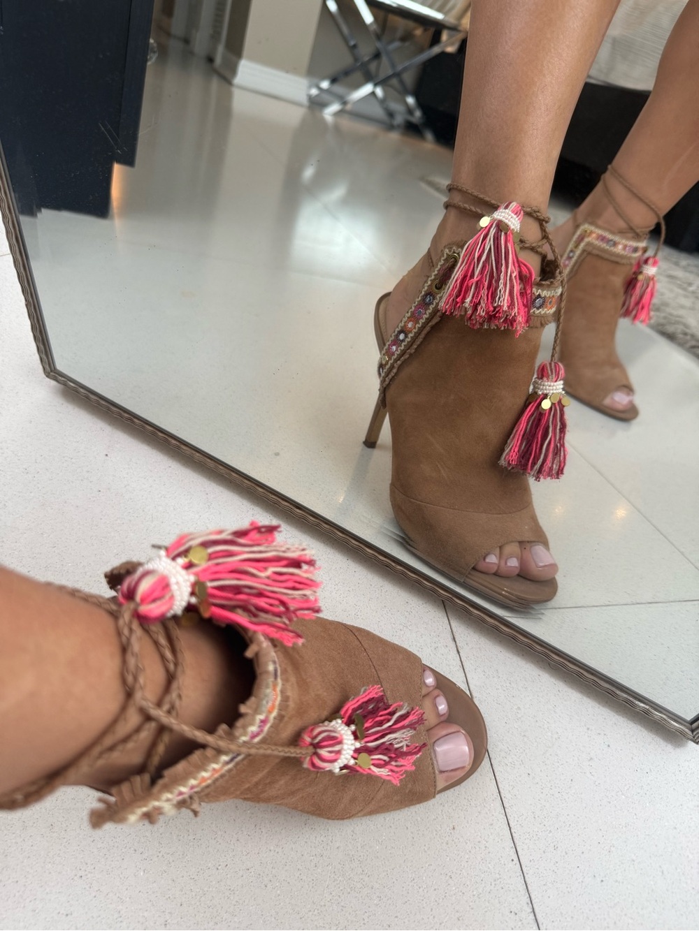 Sam Edelman Brown Suede Peep-Toe Heels with Pink Tassels